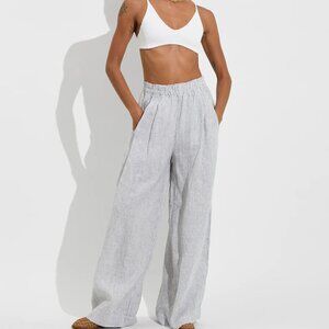 LEFT ON FRIDAY COASTAL PANT 100% LINEN High Rise Elastic Stripe $160 Medium